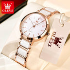 OLEVS 5877 Women’s Luxury Ceramic Watch – Designer Casual Quartz Wristwatch with Matching Bracelet White