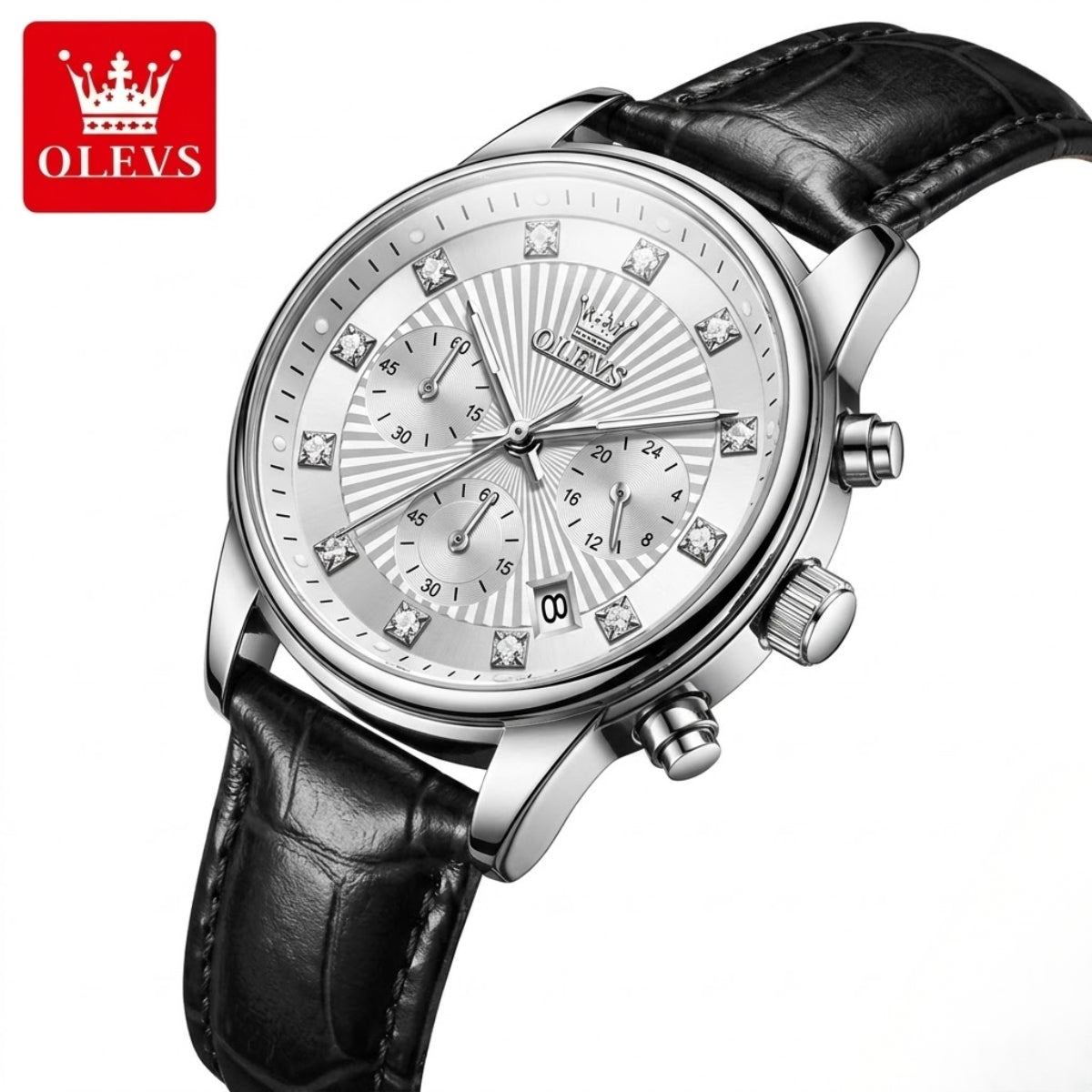 OLEVS 3669 Women’s Multi-Function Watch – Genuine Leather Chronograph Quartz Wristwatch Silvery White