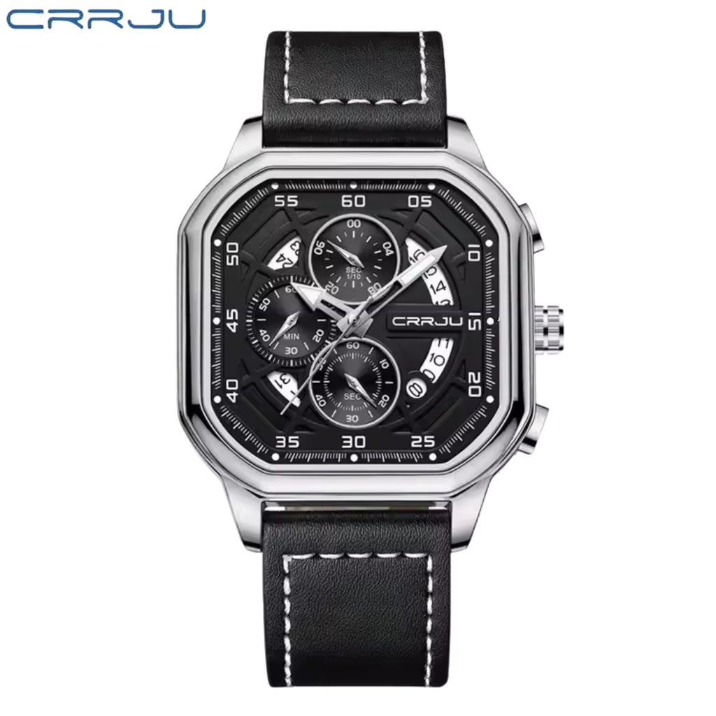 CRRJU 2314 Men’s Luxury Chronograph Watch – 3ATM Waterproof, Luminous Hands, Complete Calendar, Fashion Wristwatch Black Silver
