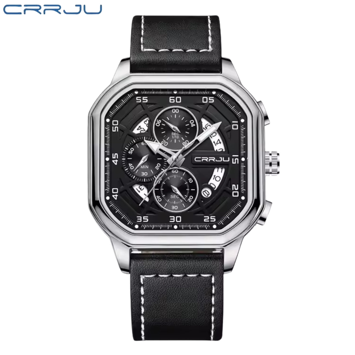 CRRJU 2314 Men’s Luxury Chronograph Watch – 3ATM Waterproof, Luminous Hands, Complete Calendar, Fashion Wristwatch Black Silver