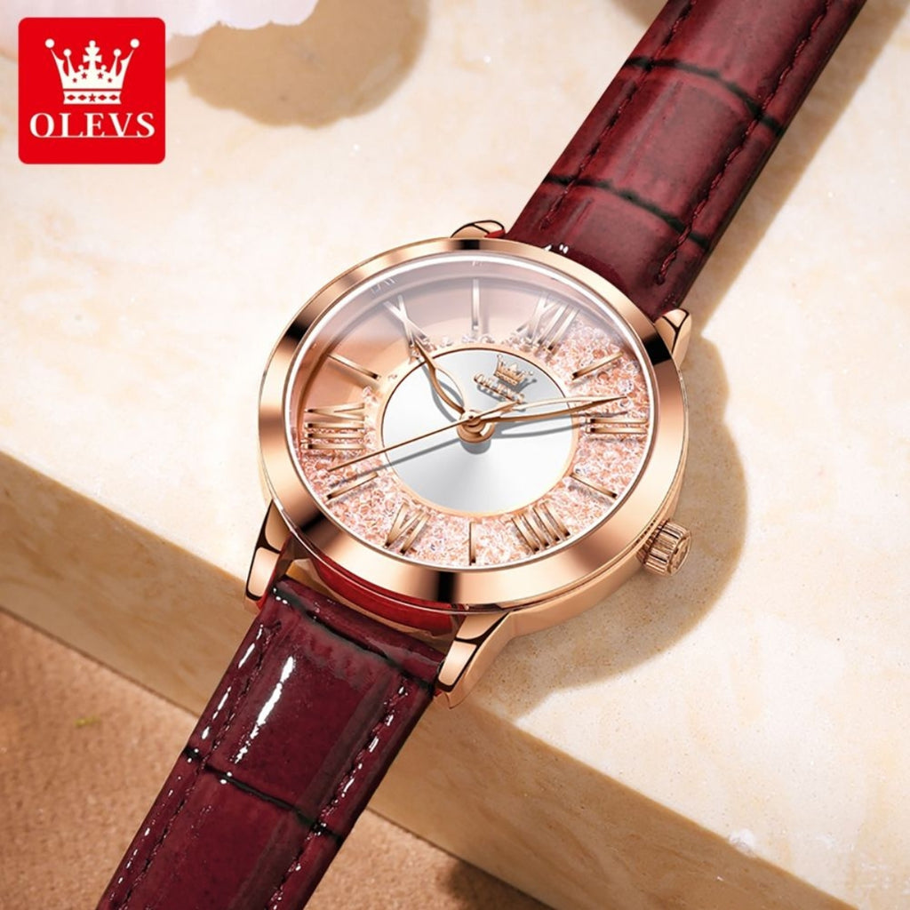 OLEVS 5539 Women’s Burgundy Skeleton Watch – Luxury Transparent Fashion Quartz Wristwatch (Waterproof)