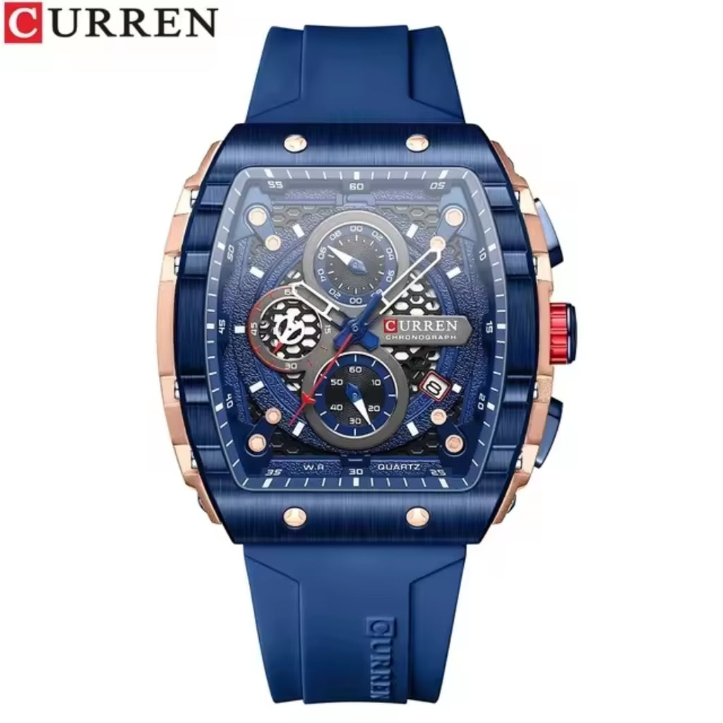 CURREN 8442 Tonneau Dial Sport Watch for Men Waterproof Quartz Blue Silicone Strap