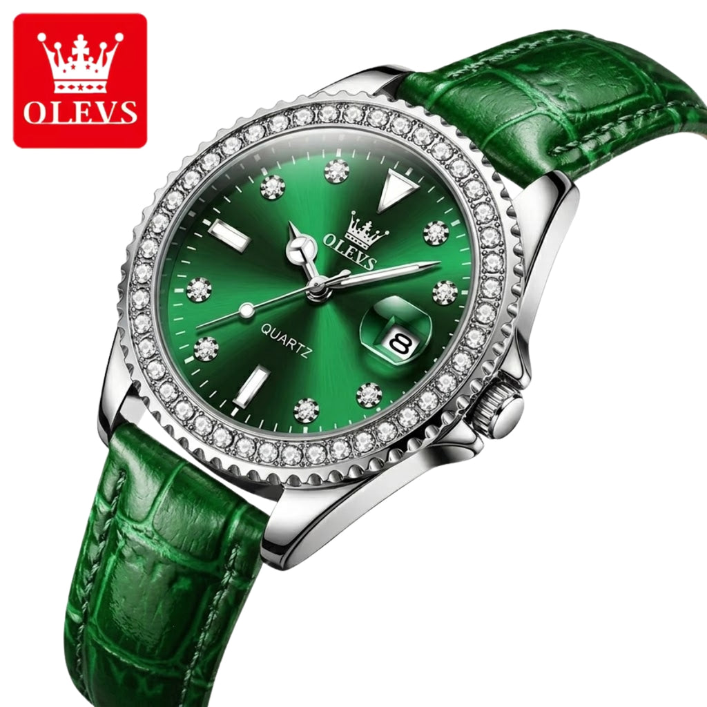 OLEVS 9945 Women’s Minimalist Watch – Thin Black Leather Quartz Wristwatch with Vintage Green Dial