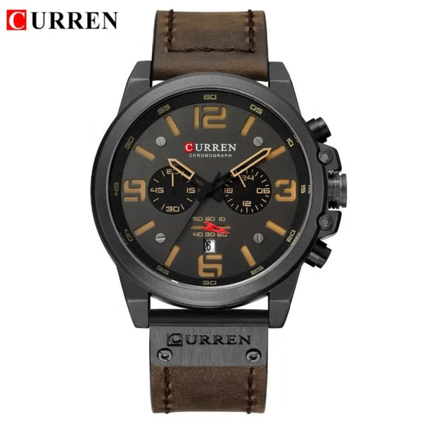 Curren 8314 Men Sport Chronograph Watch Top Fashion Genuine Leather Wristband Waterproof Quartz Dark Brown