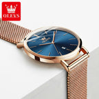 OLEVS 5869 Women’s Ultra-Thin Mesh Watch – Waterproof Luxury Quartz with Steel Strap Rose Gold and Blue