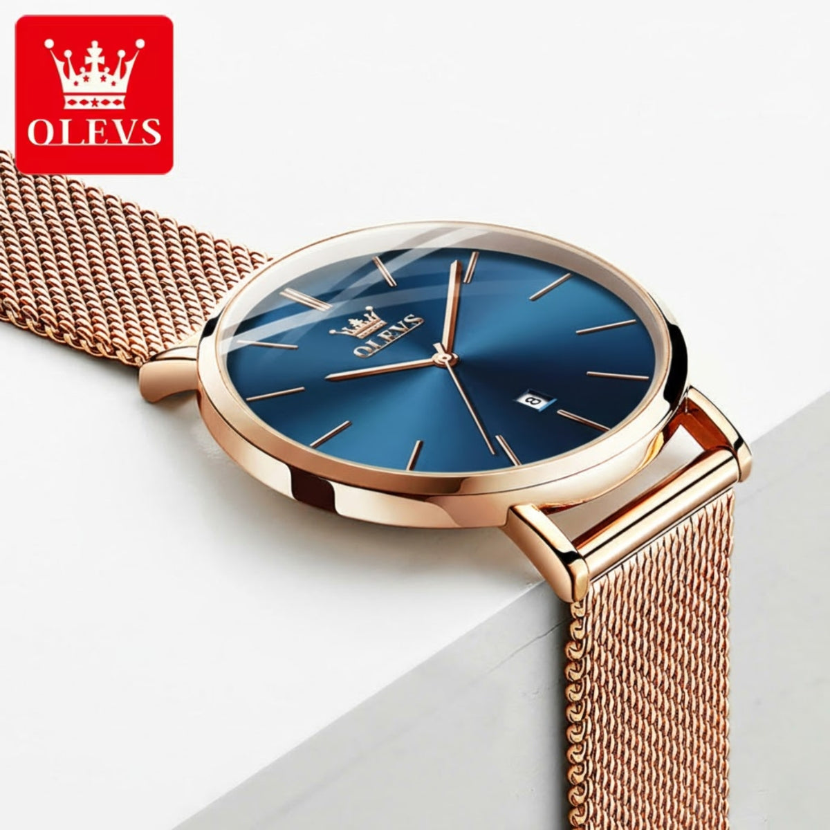 OLEVS 5869 Women’s Ultra-Thin Mesh Watch – Waterproof Luxury Quartz with Steel Strap Rose Gold and Blue