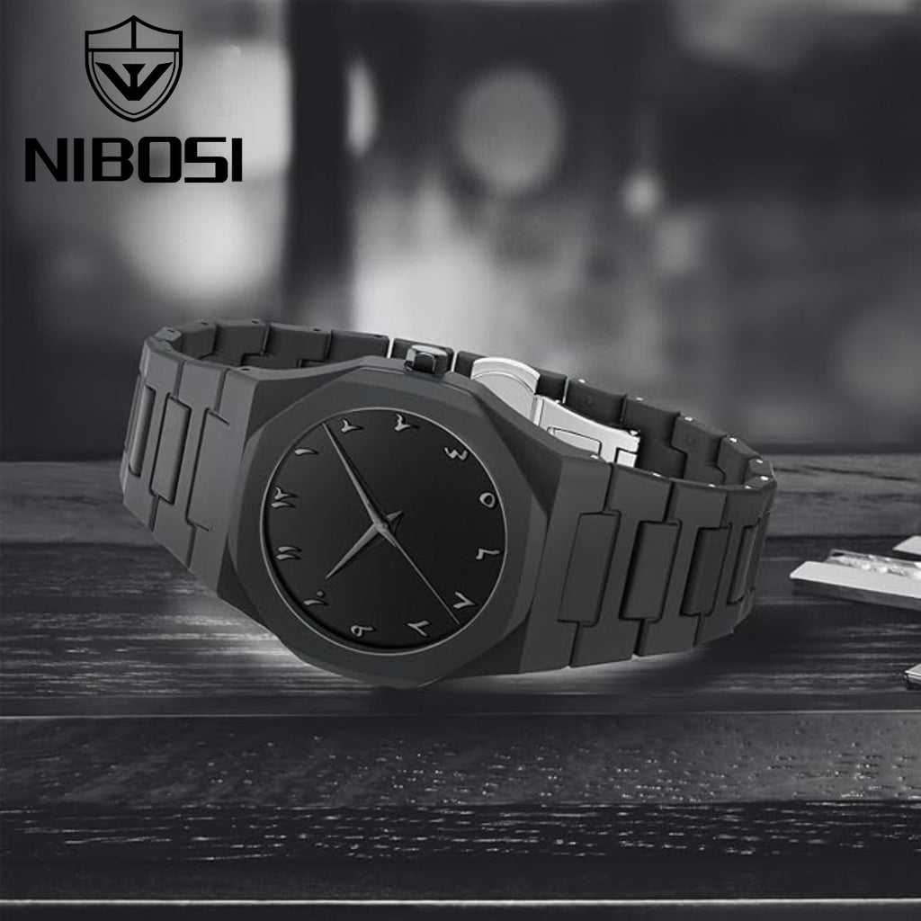 Nibosi 8102 Classic Arabic Numeral Men’s Watch - 40mm Ultra-Slim Polycarbon Quartz Movement with Premium Glass Dial Black