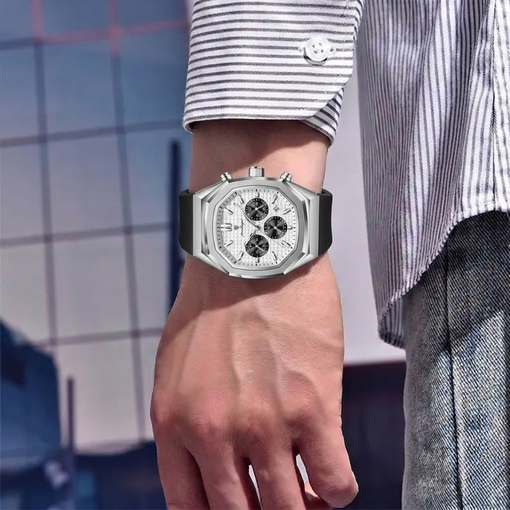 POEDAGAR 893 Elite Sports: Luxury Men’s Chronograph – High-Performance Silicone Strap, Waterproof & Luminous Quartz Movement Silver