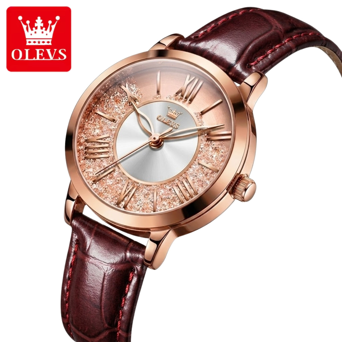 OLEVS 5539 Women’s Burgundy Skeleton Watch – Luxury Transparent Fashion Quartz Wristwatch (Waterproof)