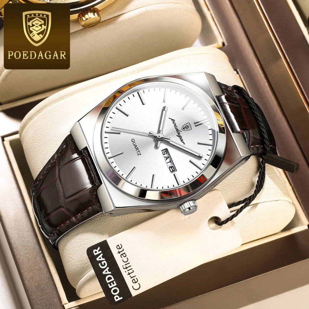 POEDAGAR 930 Men's Ultra-Thin 40mm Watch - Luminous Leather Strap Business Casual Quartz Silver White