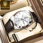 POEDAGAR 930 Men's Ultra-Thin 40mm Watch - Luminous Leather Strap Business Casual Quartz Silver White