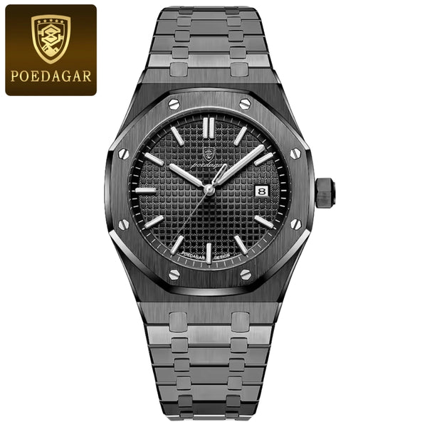 POEDAGAR 924 Men's Luxury Watch: Stainless Steel Waterproof Quartz with Day-Date & Luminous Display Black