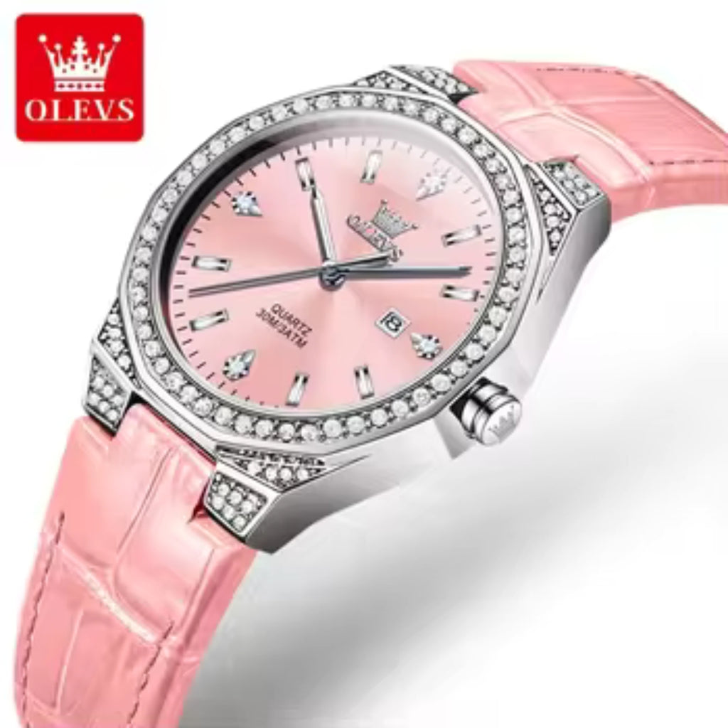OLEVS 5606 Women’s Luxury Leather Watch – Fashion Quartz Wristwatch with Diamond Accents Pink