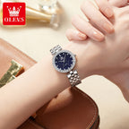 OLEVS 3641 Women’s Starry Sky Watch – Luxury Stainless Steel Waterproof Quartz with Luminous Dial - Silver and Blue