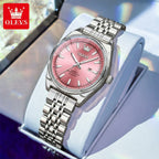 OLEVS 3703 Women’s Elegant Stainless Steel Watch – High Quality Classic Luxury Quartz Wristwatch  - Pink and Silver