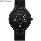 CRRJU 2162 Men's Stainless Mesh Steel Quartz Watch – Waterproof Casual Dress Timepiece with Date Calendar Black Beige