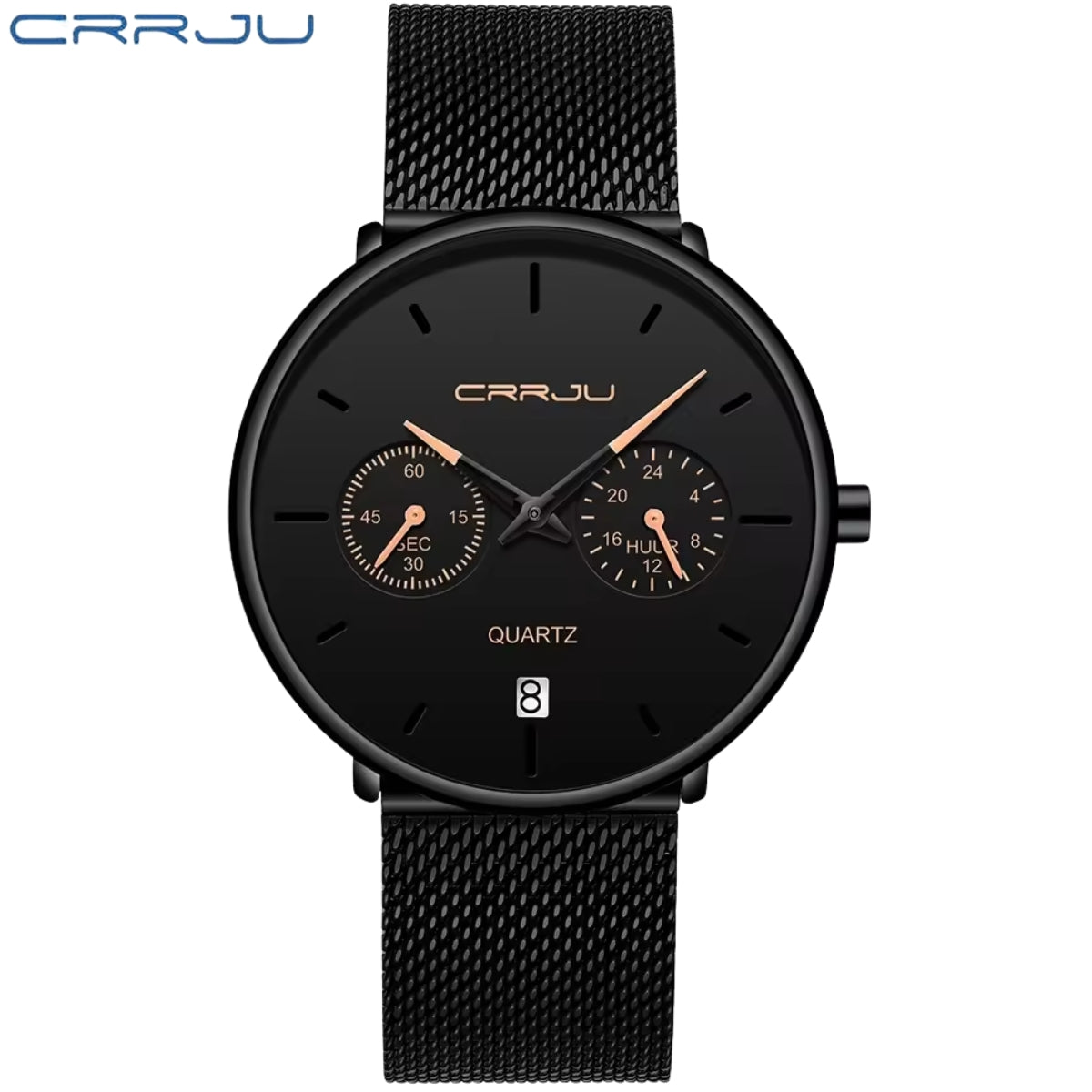 CRRJU 2162 Men's Stainless Mesh Steel Quartz Watch – Waterproof Casual Dress Timepiece with Date Calendar Black Beige