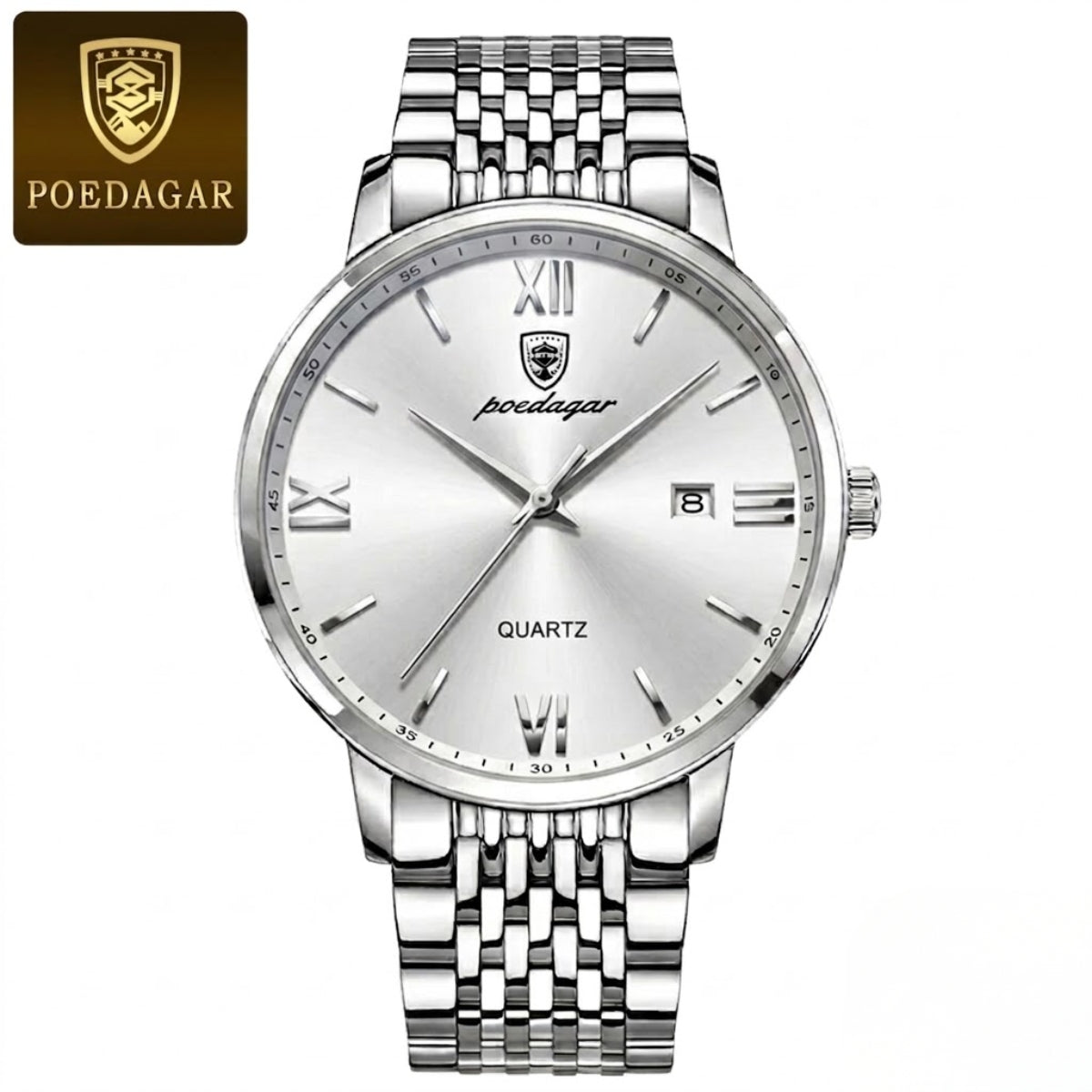 POEDAGAR 826 Waterproof Watch – High-Grade Stainless Steel Quartz Movement Luxury Date Display Wristwatch for Men White