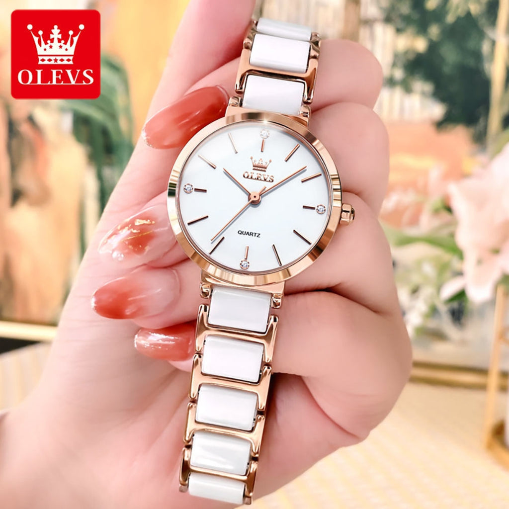 OLEVS 5877 Women’s Luxury Ceramic Watch – Designer Casual Quartz Wristwatch with Matching Bracelet White