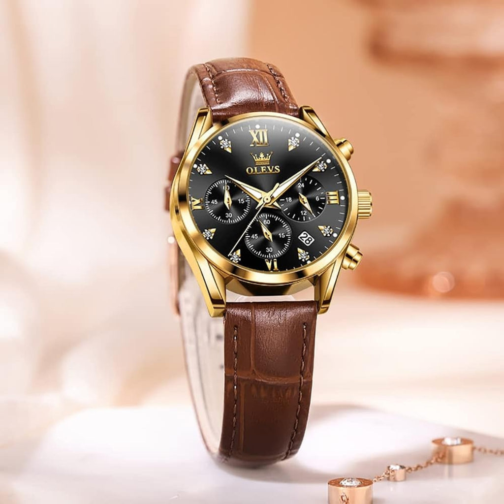 OLEVS 5523 Women’s Mini Multi-Function Watch – Luminous Chronograph Quartz Wristwatch with Leather Strap White