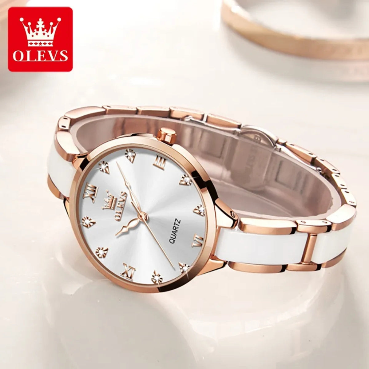 OLEVS 5872 Women’s Ceramic & Steel Watch –  Quartz Wristwatch for Ladies White