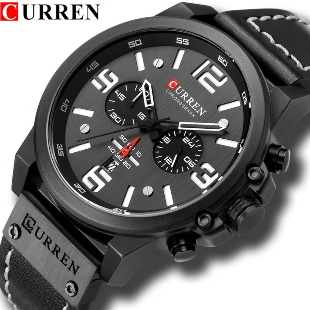 Curren 8314 Men Sport Chronograph Watch Top Fashion Genuine Leather Wristband Waterproof Quartz Black 8314