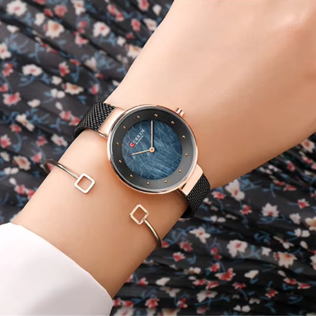 CURREN 9032 New Women’s Bracelet Watch – Simple Luxury Fashion Quartz Wristwatch for Girls Black and Rose Gold