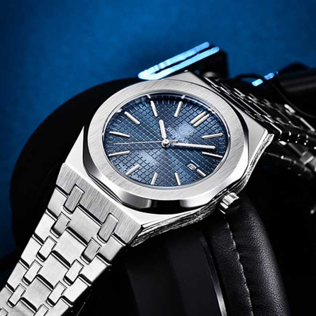 BENYAR 5156 Men's Luxury integrated-Bracelet "Royal Oak" Inspired Design - Silver and Blue Watch