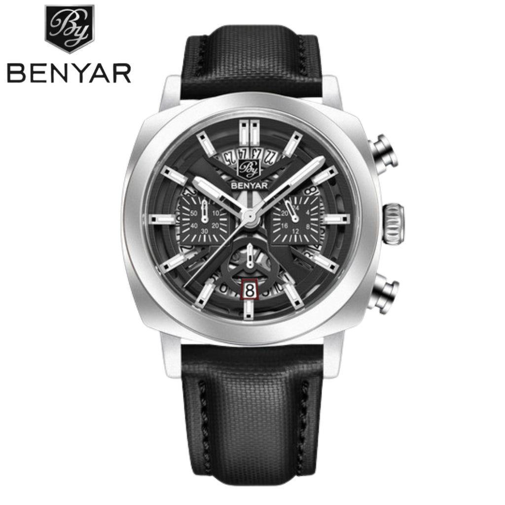 BENYAR 5205 Men's Watch – Sport Chronograph with Luminous Hands Black and Silver Dial