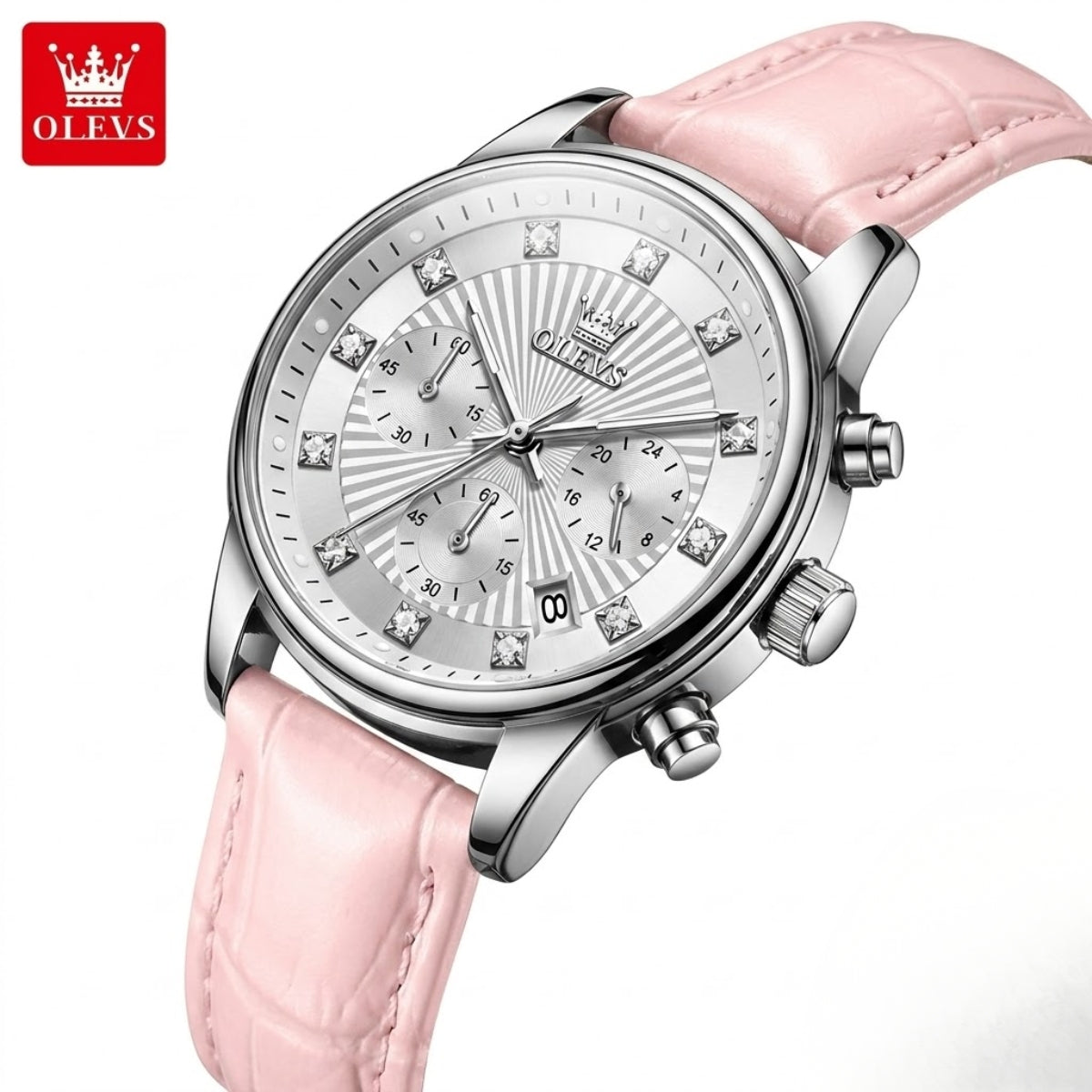 OLEVS 3669 Women’s Multi-Function Watch – Genuine Leather Chronograph Quartz Wristwatch Pink