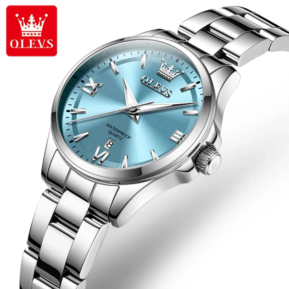 OLEVS 3703 Women’s Elegant Stainless Steel Watch – High Quality Classic Luxury Quartz Wristwatch - Silver and Blue