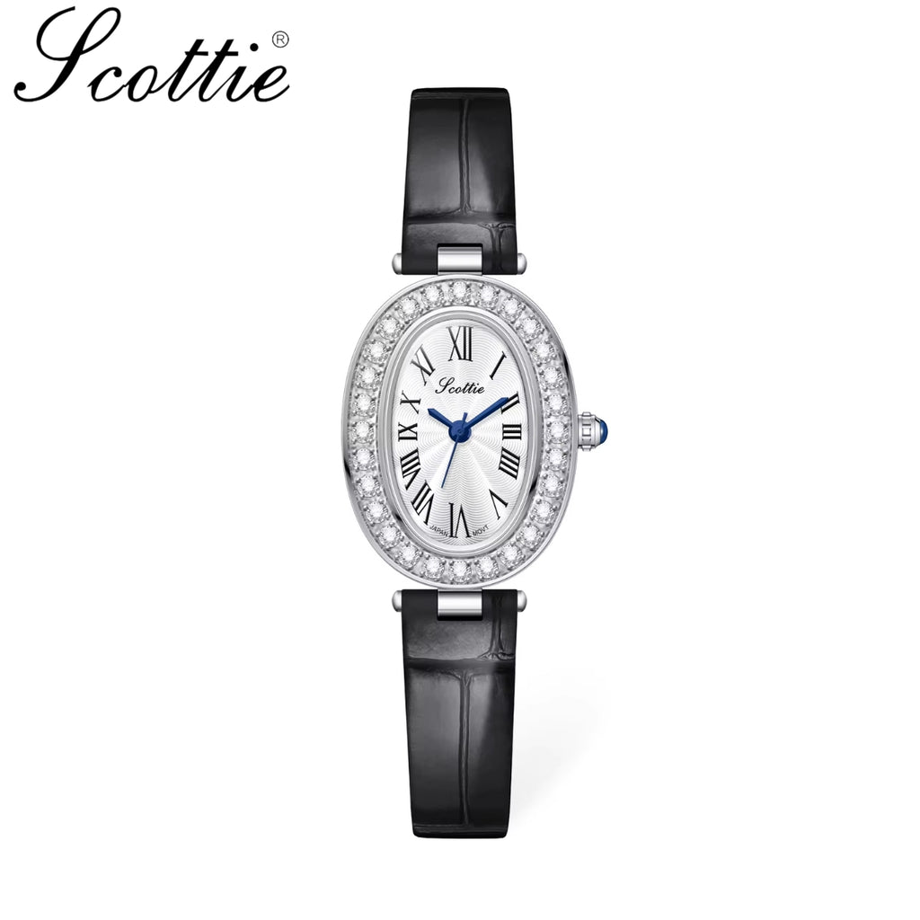Scottie 9780 Women’s High-End Oval Watch – Elegant Leather Quartz Wristwatch - Black and Silver