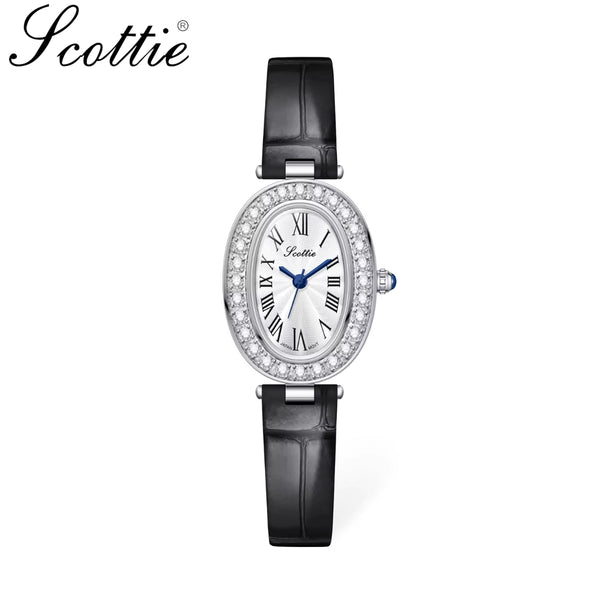 Scottie 9780 Women’s High-End Oval Watch – Elegant Leather Quartz Wristwatch - Black and Silver
