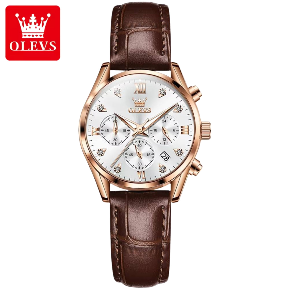 OLEVS 5523 Women’s Mini Multi-Function Watch – Luminous Chronograph Quartz Wristwatch with Leather Strap Black