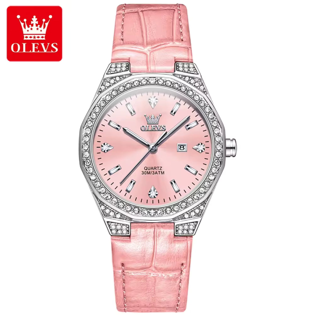 OLEVS 5606 Women’s Luxury Leather Watch – Fashion Quartz Wristwatch with Diamond Accents Pink