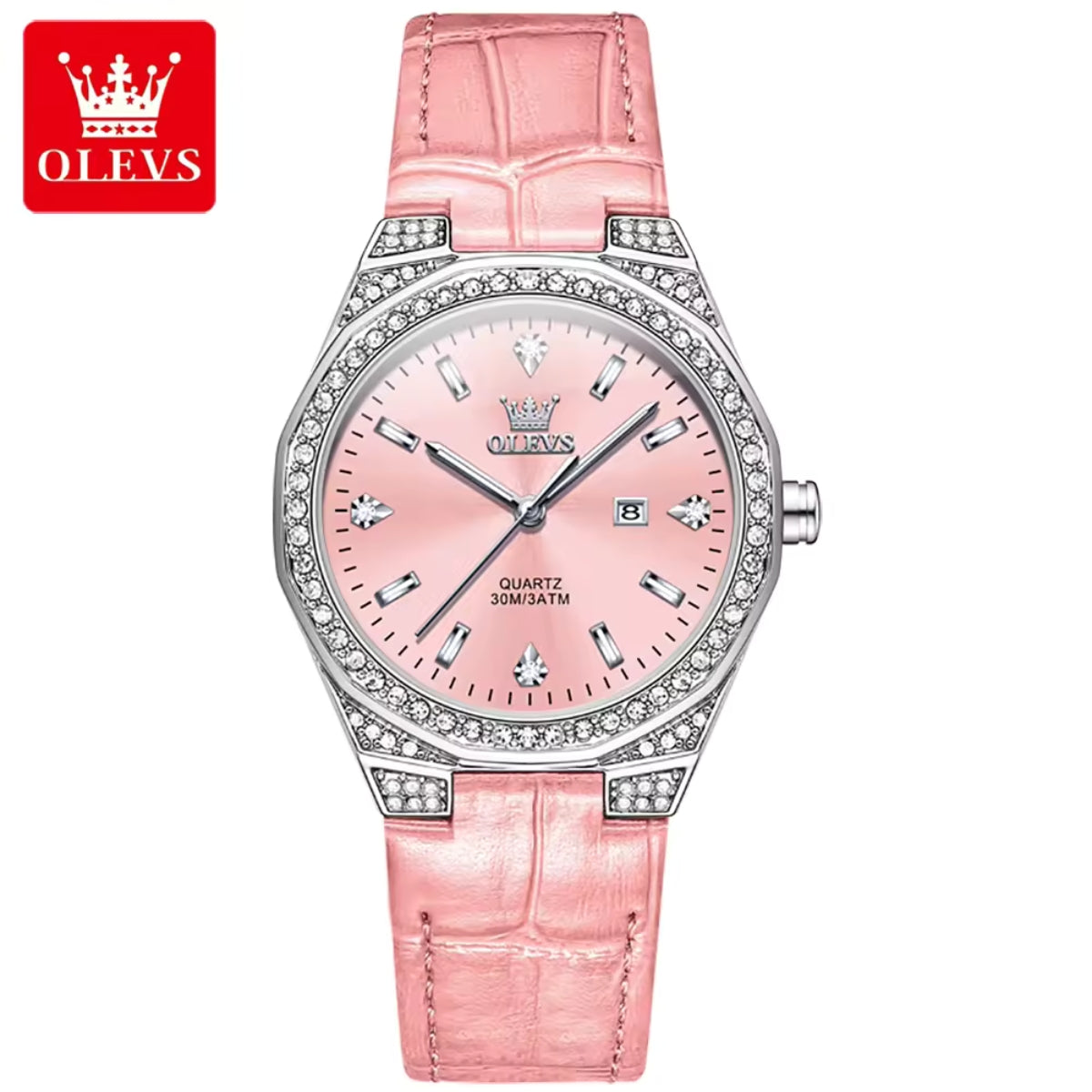 OLEVS 5606 Women’s Luxury Leather Watch – Fashion Quartz Wristwatch with Diamond Accents Pink