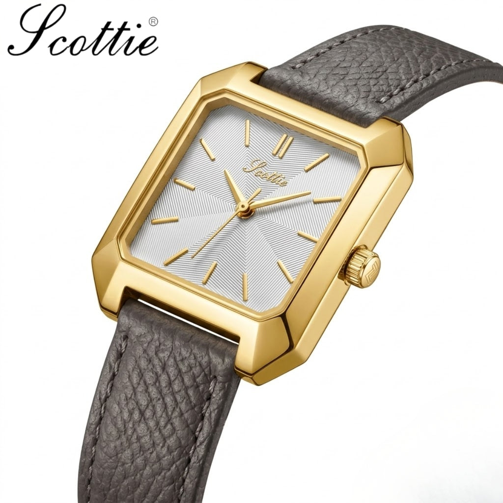 Scottie 9153 Women’s Square Leather Watch – Luxury Quartz Water-Resistant Wristwatch for Ladies White