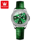 OLEVS 9945 Women’s Minimalist Watch – Thin Black Leather Quartz Wristwatch with Vintage Green Dial