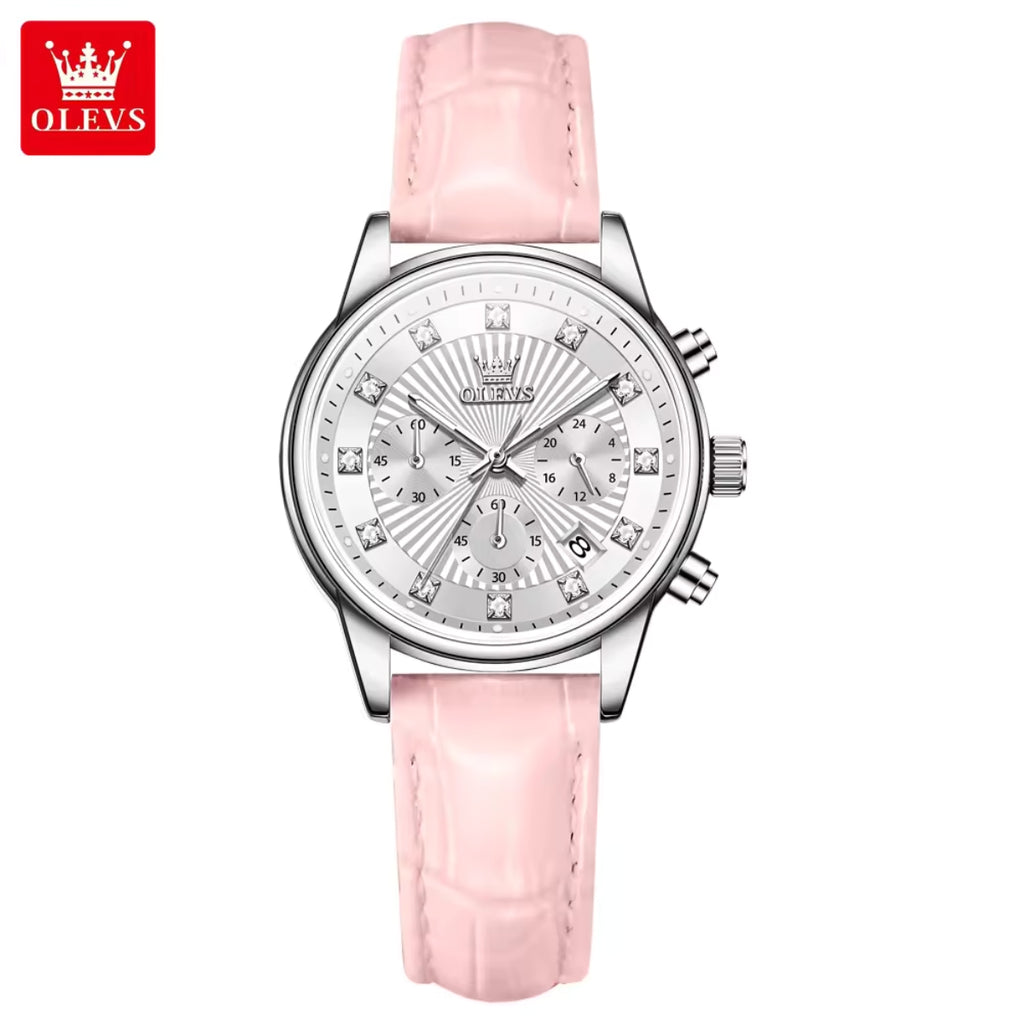 OLEVS 3669 Women’s Multi-Function Watch – Genuine Leather Chronograph Quartz Wristwatch Pink