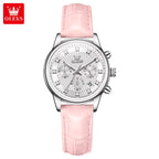 OLEVS 3669 Women’s Multi-Function Watch – Genuine Leather Chronograph Quartz Wristwatch Pink