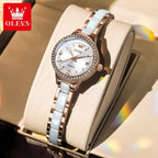 OLEVS 7093 Women’s Ceramic & Steel Watch – High Quality Luxury Classic Quartz Wristwatch Rose White