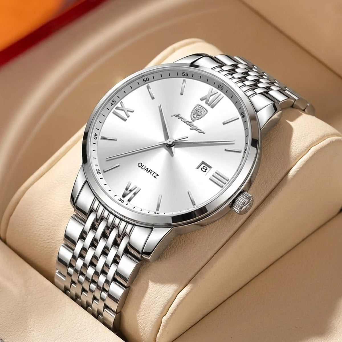 POEDAGAR 826 Waterproof Watch – High-Grade Stainless Steel Quartz Movement Luxury Date Display Wristwatch for Men White