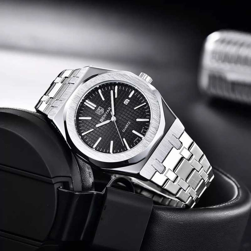BENYAR 5156 Men's Luxury integrated-Bracelet "Royal Oak" Inspired Design- Silver and Black Watch