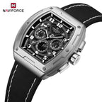 NAVIFORCE 8053 Men's Watch – Waterproof Sport Chronograph with Luxury Leather Band Silver