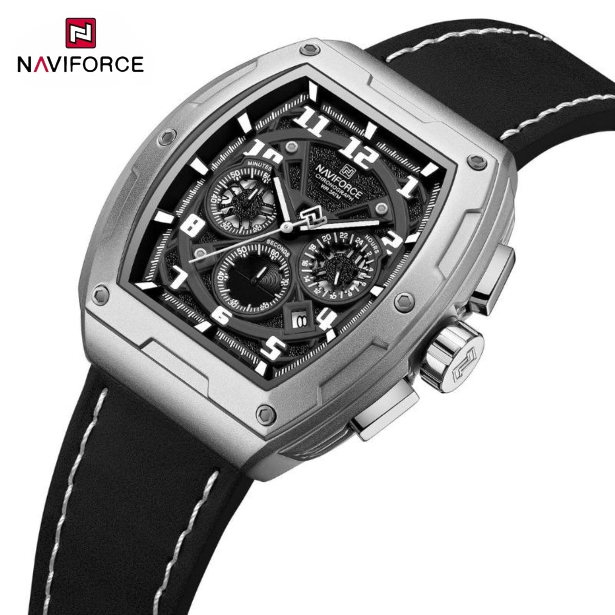 NAVIFORCE 8053 Men's Watch – Waterproof Sport Chronograph with Luxury Leather Band Silver