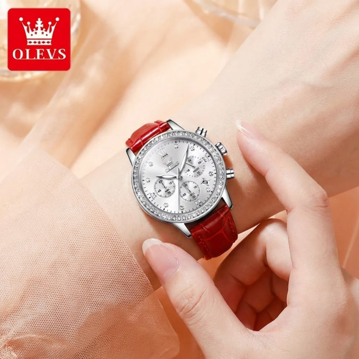 OLEVS 9933 Women’s Fashion Leather Watch – Waterproof Quartz Ladies’ Wristwatch Red