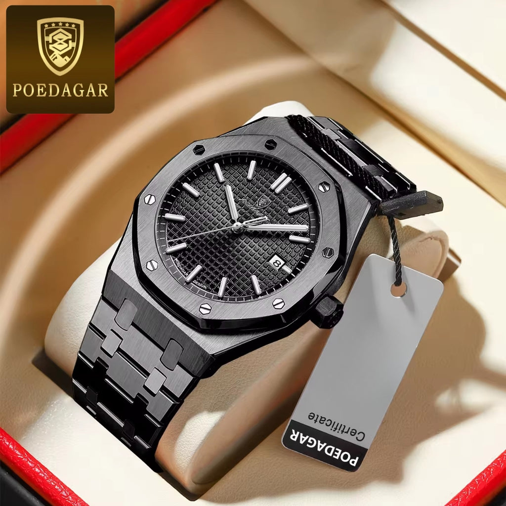 POEDAGAR 924 Men's Luxury Watch: Stainless Steel Waterproof Quartz with Day-Date & Luminous Display Black