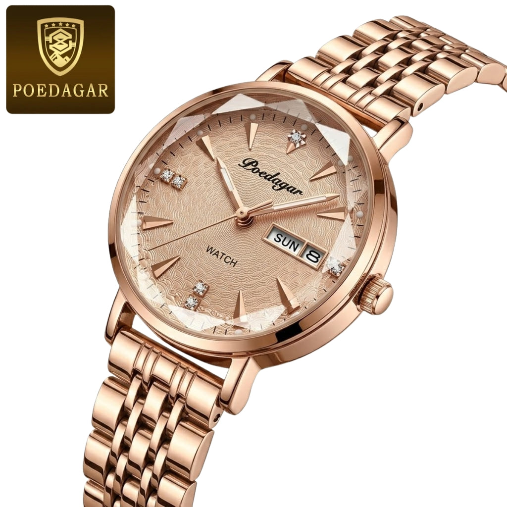 POEDAGAR 312 Women's Stainless Steel Quartz Watch – Waterproof Fashion Timepiece with Date Window Gold