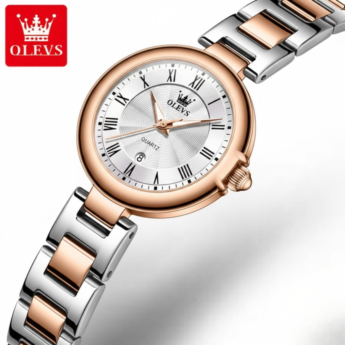 OLEVS 5608 Women’s Luxury  Watch – Waterproof Stainless Steel Quartz Wristwatch for Ladies Rose White