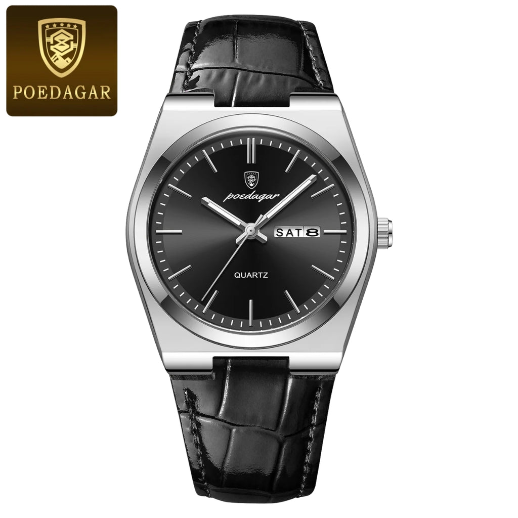POEDAGAR 930 Men's Ultra-Thin 40mm Watch - Luminous Leather Strap Business Casual Quartz Silver Black